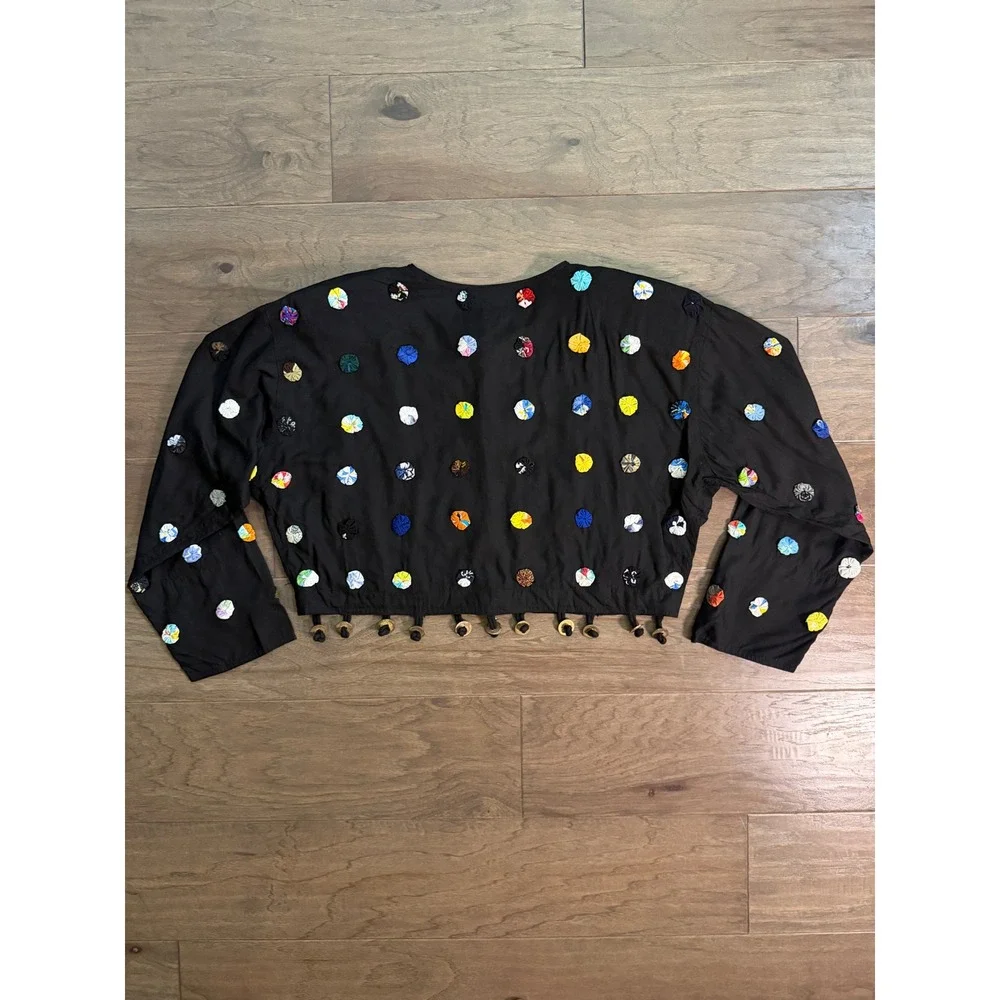 Nativewear Designs Wearable Art Jacket Medium Black Yo-Yo Applique Metal Buttons - Picture 3 of 6